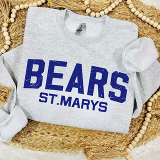 St. Marys Bears Throwback Block Top ash grey crewneck flat lay on woven tray with wood bead garland