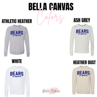 St. Marys Bears Throwback Block Top Bella Canvas long sleeve and crewneck in athletic heather, ash grey, white, and heather dust
