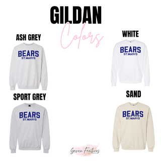 St. Marys Bears Throwback Block Top Gildan crewneck in ash grey, white, sport grey, and sand
