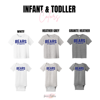 St. Marys Bears Throwback Block Top infant onesie and toddler tee in white, heather grey, and granite heather
