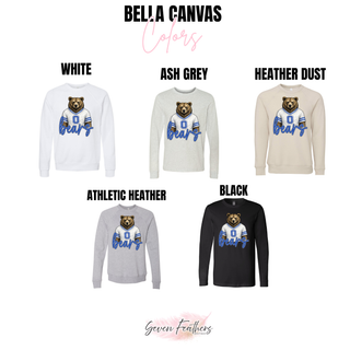 St. Marys Bears White Jersey Bella Canvas crewneck in white, ash grey, heather dust, athletic heather, and black
