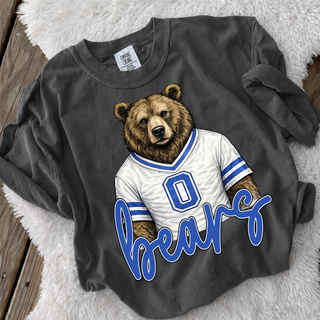 St. Marys Bears White Jersey Comfort Colors tee in pepper with illustrated bear wearing white and blue jersey
