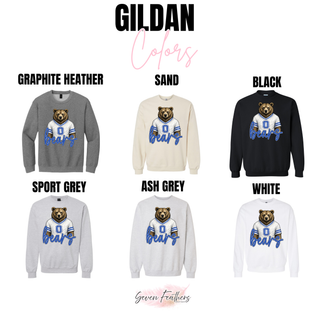 St. Marys Bears White Jersey Gildan crewneck in graphite heather, sand, black, sport grey, ash grey, and white
