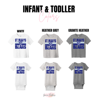 St. Marys Bears Worn Stripe infant onesie and toddler tee - white, heather grey, granite heather
