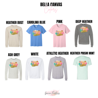 Bella Canvas color options in heather dust, carolina blue, pink, deep heather, ash grey, white, athletic heather, and heather prism mint
