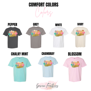 Comfort Colors tee color options in pepper, grey, white, ivory, chalky mint, chambray, and blossom
