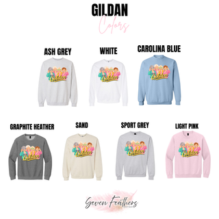 Gildan crewneck color options in ash grey, white, carolina blue, graphite heather, sand, sport grey, and light pink
