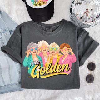 Pepper Comfort Colors tee with Stay Golden retro ladies graphic in pink and teal
