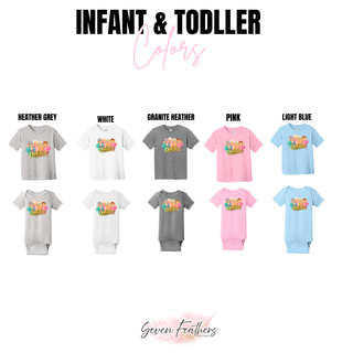 Infant and toddler tees and onesies in heather grey, white, granite heather, pink, and light blue

