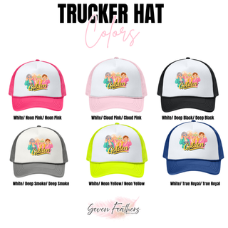 Trucker hat color options in neon pink, cloud pink, black, deep smoke, neon yellow, and true royal
