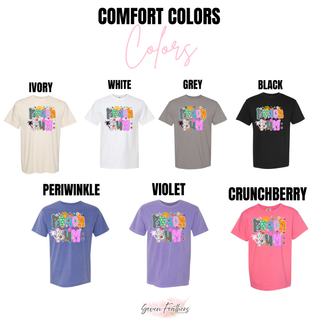Comfort Colors tee chart for summer beach bum top in ivory, white, grey, black, periwinkle, violet, crunchberry

