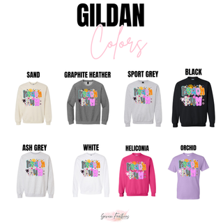 Gildan crewneck chart for summer beach bum top in sand, graphite heather, sport grey, black, ash grey, white, heliconia
