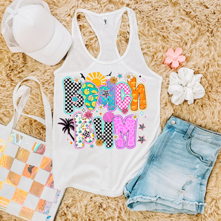 white Next Level racerback tank with beach bum checkered leopard patterned letter design, styled with denim shorts and hat

