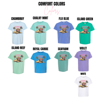 Comfort Colors summer vibes highland cow tee in chambray, chalky mint, flo blue, island green, island reef, seafoam, violet, and white
