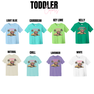 Toddler summer vibes highland cow tee in light blue, caribbean, key lime, kelly, natural, chill, lavender, and white
