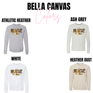 Sunflower Leopard Nurse Shirt Bella Canvas long sleeve and crewneck in athletic heather, ash grey, white, heather dust