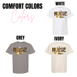 Sunflower Leopard Nurse Shirt Comfort Colors tee in white, grey, ivory