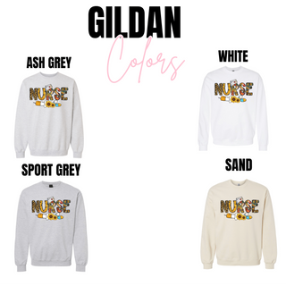 Sunflower Leopard Nurse Shirt Gildan crewneck in ash grey, white, sport grey, sand