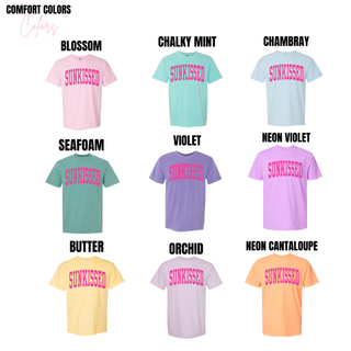 Comfort Colors tee color options in blossom, chalky mint, chambray, seafoam, violet, neon violet, butter, orchid, and neon cantaloupe
