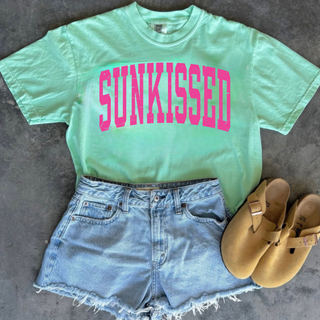 Island reef Comfort Colors tee with Sunkissed distressed arch graphic in neon pink
