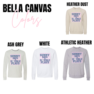 Bella Canvas Sunny Days and Double Plays tops in heather dust, ash grey, white, and athletic heather