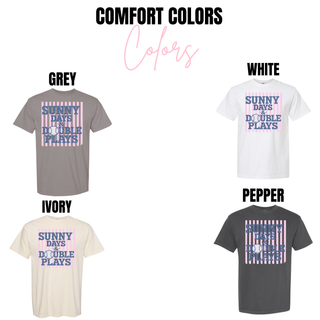 Comfort Colors Sunny Days and Double Plays tee in grey, white, ivory, and pepper