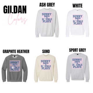 Gildan Sunny Days and Double Plays crewneck in ash grey, white, graphite heather, sand, and sport grey