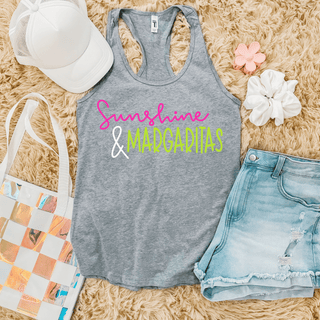Athletic heather racerback tank flat lay with Sunshine and MARGARITAS script design in pink and lime green
