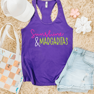 Purple racerback tank flat lay with Sunshine and MARGARITAS script design in pink and lime green
