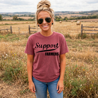 Support farmers graphic tee comfort colors crimson support farmers script and block lettering