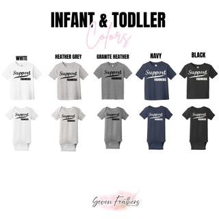 Support farmers infant and toddler color options including white heather grey granite heather navy and black