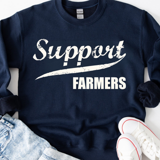 Navy top with distressed support farmers script design for farm life and agriculture apparel