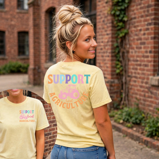 Support Local Agriculture Comfort Colors shirt in Butter, front and back tractor design