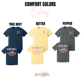 Support Local Agriculture Comfort Colors shirt color chart in True Navy, Butter, and Pepper