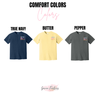 Support Local Agriculture pocket t-shirt shown in true navy, butter, and pepper color options