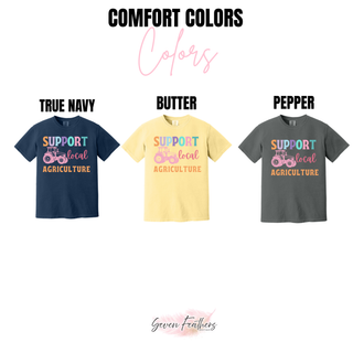 Support Local Agriculture t-shirt shown in true navy, butter, and pepper color options