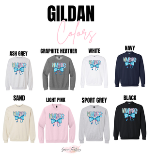 Gildan Sweetheart Bow Stethoscope Nurse crewneck in ash grey, graphite heather, white, navy, sand, light pink, sport grey, and black
