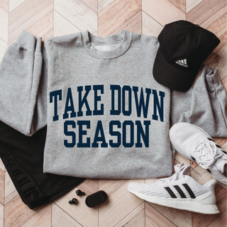 Take Down Season Hayden Wrestling top in heather grey, featuring bold Take Down Season varsity lettering