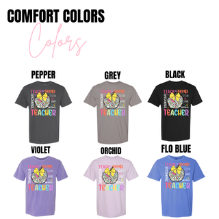 Teach Inspire Leopard Apple Teacher Gildan crewneck in graphite heather, purple, black, and carolina blue
