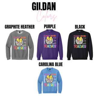 Teach Inspire Leopard Apple Teacher Gildan crewneck color options in purple, black, carolina blue, and graphite heather
