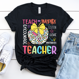 Teach Inspire Leopard Apple Teacher Graphic Top black tee with Teach Inspire Encourage Listen Love Motivate Teacher design
