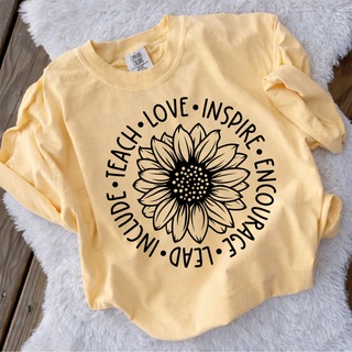 Teach Love Inspire Sunflower Graphic Tee in butter yellow with Teach Love Inspire Encourage Lead Include circling a sunflower
