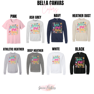 Wildflower teacher tee and crewneck in pink, ash grey, navy, heather dust, athletic heather, deep heather, white and black
