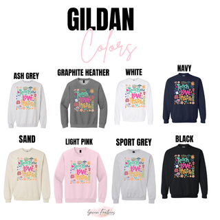 Wildflower teacher crewneck in ash grey, graphite heather, white, navy, sand, light pink, sport grey and black from Gildan
