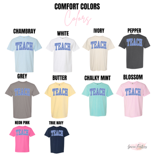 Teach polka dot varsity graphic tee available in chambray, white, ivory, pepper, grey, butter, chalky mint, blossom, neon pink, and true navy
