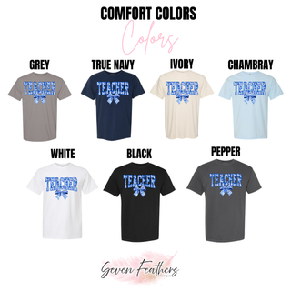 Teacher Chinoiserie Bow Comfort Colors tee in grey, true navy, ivory, chambray, white, black, pepper