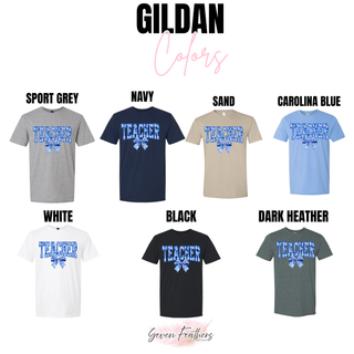 Teacher Chinoiserie Bow Gildan tee in sport grey, navy, sand, carolina blue, white, black, dark heather
