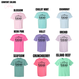 Comfort Colors Teacher Helping Little Minds Grow tee in blossom, chalky mint, chambray, neon pink, violet, orchid, seafoam, crunchberry, and island reef
