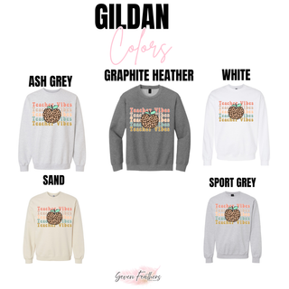 Teacher Vibes Leopard Apple Shirt Gildan crewneck in ash grey, graphite heather, white, sand, sport grey