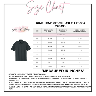 Tech Sport Dri-FIT Polo 266998 adult size chart for XS through 4XL